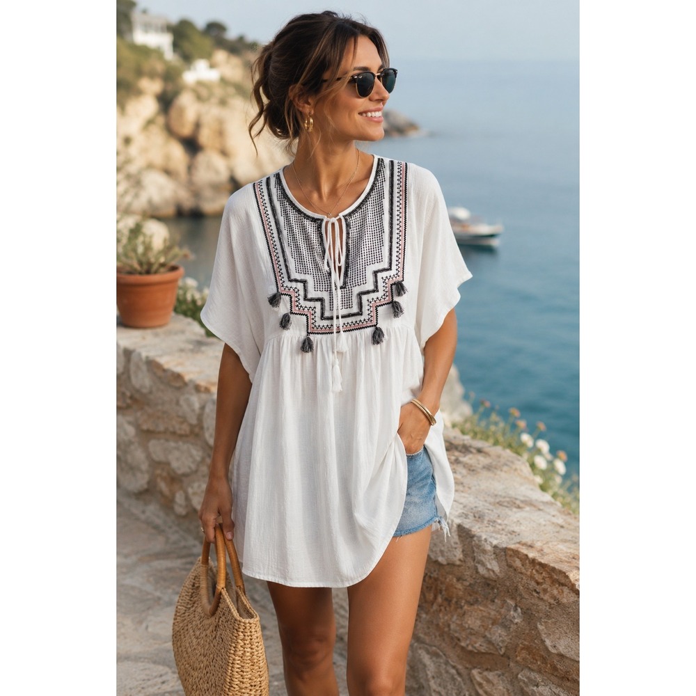 J.Crew White Cotton Gauze Embroidered Tassel Tunic Dress XS Boho Beach Coverup